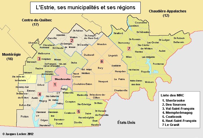 Carte de la r&eacute;gion administrative de l'Estrie avec les MRC
